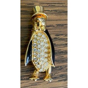 Swarovski Gold Tone Penguin Brooch with Swarovski Crystal Belly